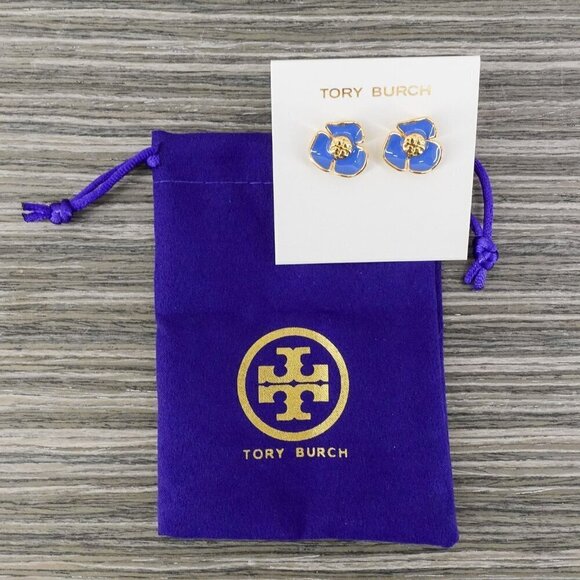 Tory Burch Fleur Flower Stud Earrings Blue OS - Picture 11 of 13